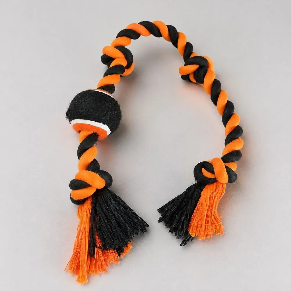 Orange Black Rope Dog Tug Toy Tennis Ball Knotted Chew Fetch Halloween M L XL